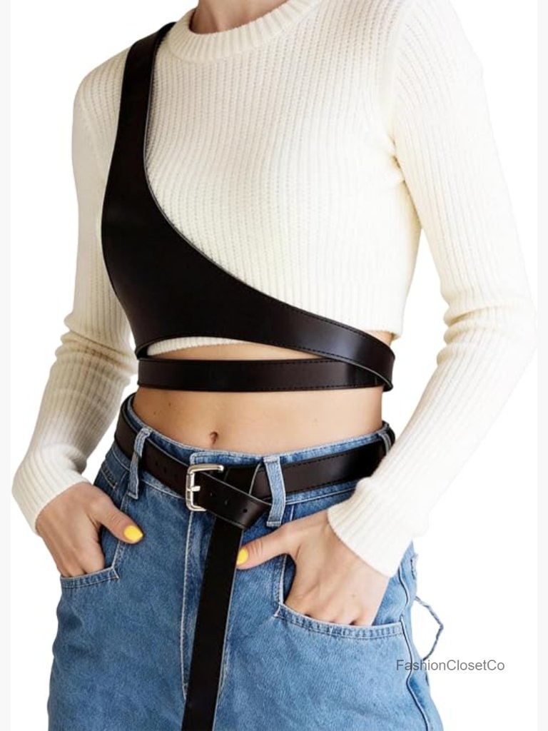 Faux Leather Crossbody Waist Belt With Alloy Buckle, Adjustable Layered